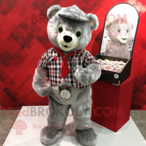 Silver Teddy Bear mascot costume character dressed with a Flannel Shirt and Coin purses