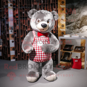 Silver Teddy Bear mascot costume character dressed with a Flannel Shirt and Coin purses