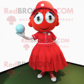 Red Golf Ball mascot costume character dressed with a A-Line Dress and Hairpins