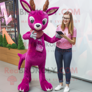 Magenta Roe Deer mascot costume character dressed with a Skinny Jeans and Hair clips