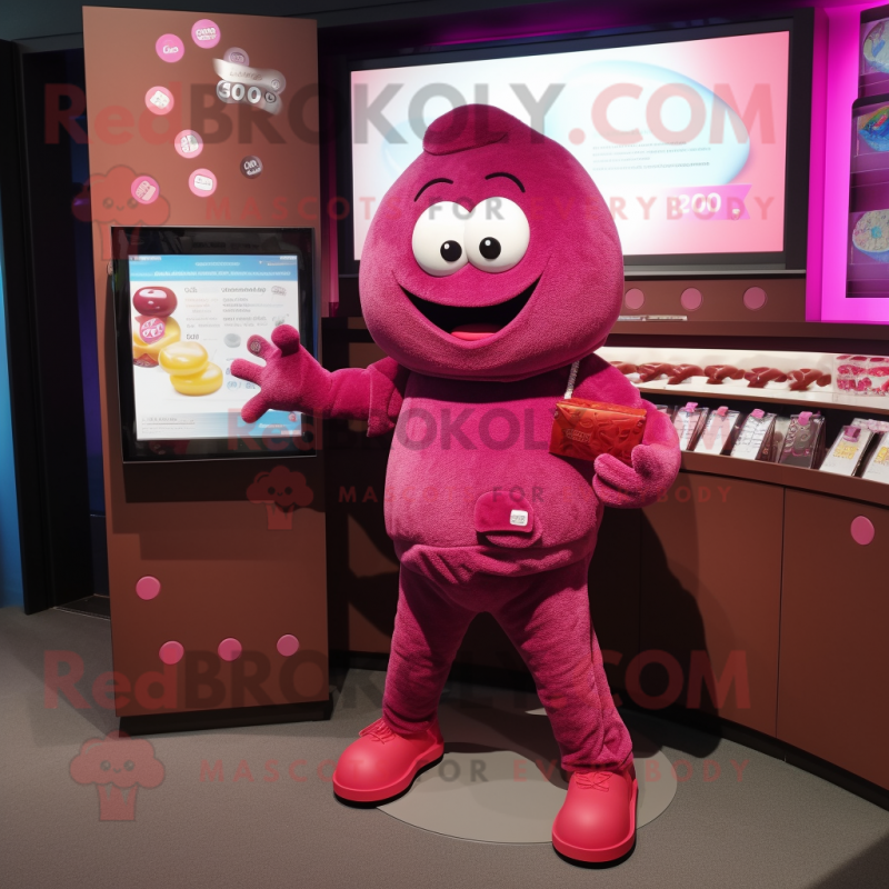 Magenta Chocolates mascot costume character dressed with a Trousers and Brooches