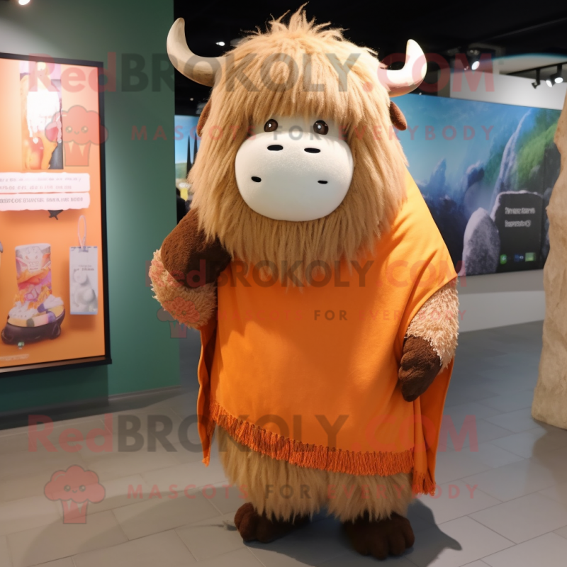 Peach Yak mascot costume character dressed with a Cover-up and Shawl pins