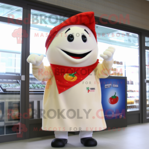 Cream Pepper mascot costume character dressed with a Sweatshirt and Scarves