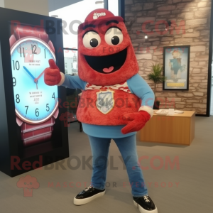 Red Pizza Slice mascot costume character dressed with a Denim Shirt and Bracelet watches