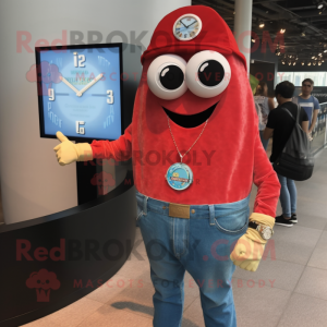 Red Pizza Slice mascot costume character dressed with a Denim Shirt and Bracelet watches