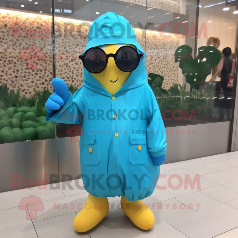 Cyan Potato mascot costume character dressed with a Raincoat and Sunglasses