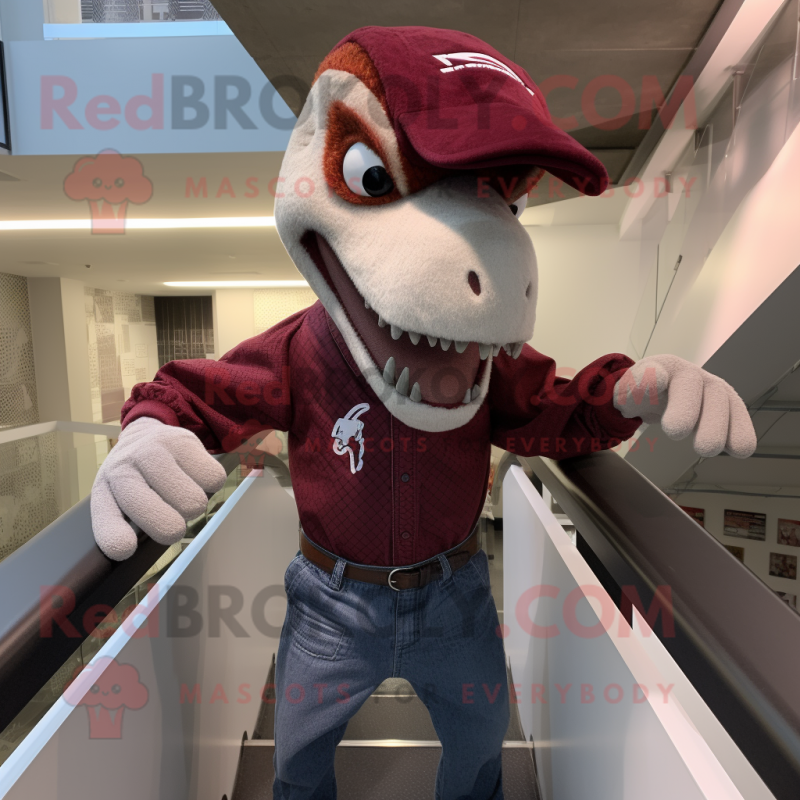 Maroon Velociraptor mascot costume character dressed with a Henley Shirt and Brooches