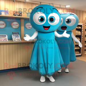 Cyan Bagels mascot costume character dressed with a A-Line Skirt and Clutch bags