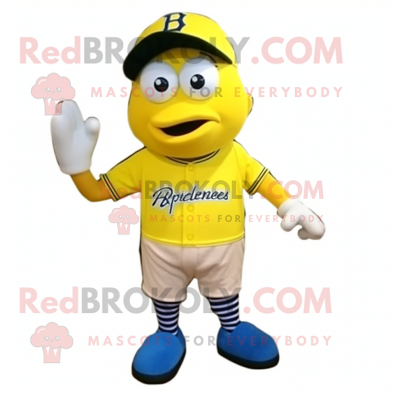 Lemon Yellow Lemon mascot costume character dressed with a Baseball Tee and Shoe laces