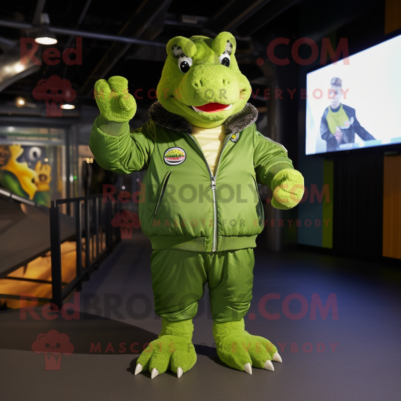 Lime Green Crocodile mascot costume character dressed with a Bomber Jacket and Mittens