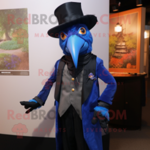 Blue Crow mascot costume character dressed with a Waistcoat and Shoe clips