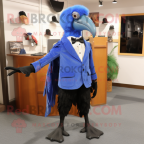 Blue Crow mascot costume character dressed with a Waistcoat and Shoe clips