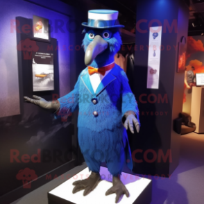 Blue Crow mascot costume character dressed with a Waistcoat and Shoe clips