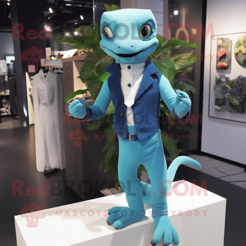 Cyan Geckos mascot costume character dressed with a Bootcut Jeans and Tie pins