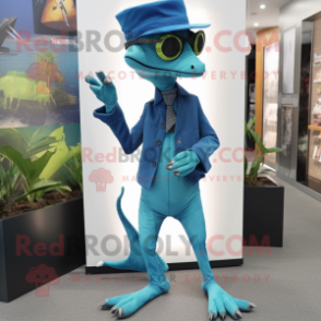 Cyan Geckos mascot costume character dressed with a Bootcut Jeans and Tie pins