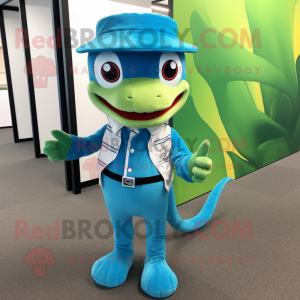 Cyan Geckos mascot costume character dressed with a Bootcut Jeans and Tie pins