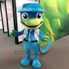 Cyan Geckos mascot costume character dressed with a Bootcut Jeans and Tie pins