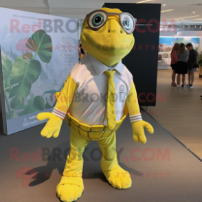 Lemon Yellow Sea Turtle mascot costume character dressed with a Oxford Shirt and Lapel pins