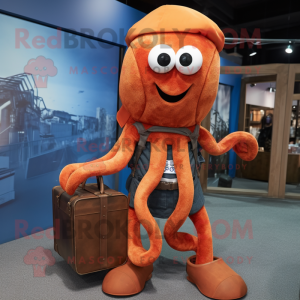 Rust Octopus mascot costume character dressed with a Overalls and Handbags