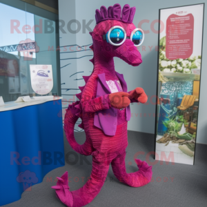 Magenta Sea Horse mascot costume character dressed with a Cardigan and Eyeglasses