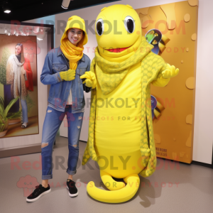 Lemon Yellow Anaconda mascot costume character dressed with a Boyfriend Jeans and Shawls