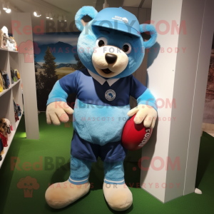 Sky Blue Teddy Bear mascot costume character dressed with a Rugby Shirt and Caps