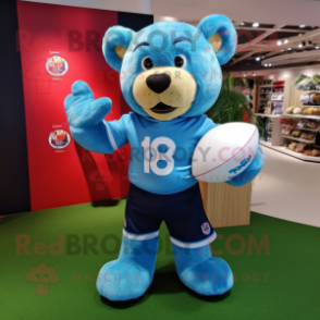Sky Blue Teddy Bear mascot costume character dressed with a Rugby Shirt and Caps
