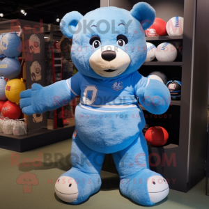 Sky Blue Teddy Bear mascot costume character dressed with a Rugby Shirt and Caps
