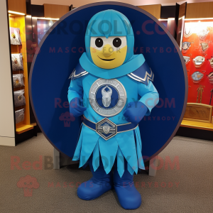 Blue Celtic Shield mascot costume character dressed with a Cover-up and Coin purses