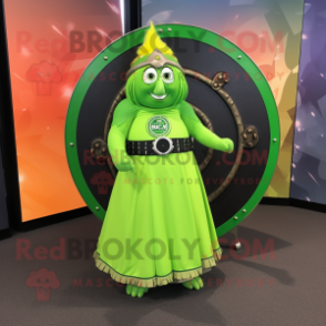 Lime Green Celtic Shield mascot costume character dressed with a Maxi Skirt and Lapel pins