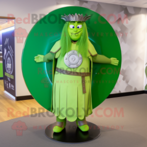 Lime Green Celtic Shield mascot costume character dressed with a Maxi Skirt and Lapel pins