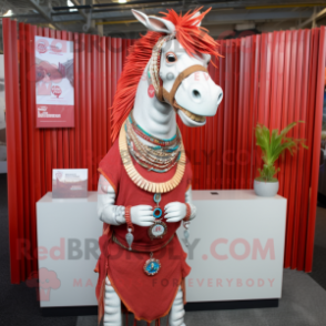 Red Quagga mascot costume character dressed with a Graphic Tee and Necklaces