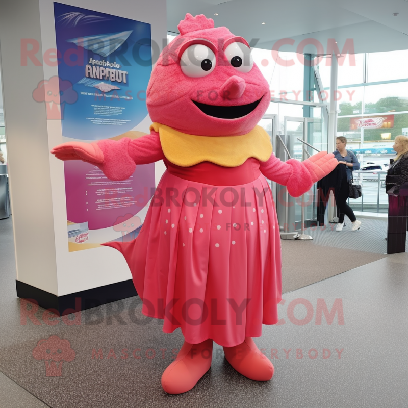 Pink Fish And Chips mascot costume character dressed with a Empire Waist Dress and Foot pads