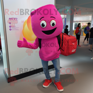 Magenta Fried Rice mascot costume character dressed with a Flare Jeans and Messenger bags