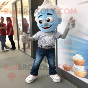 Silver Cupcake mascot costume character dressed with a Denim Shirt and Foot pads