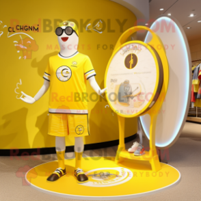 Lemon Yellow Gull mascot costume character dressed with a Board Shorts and Rings