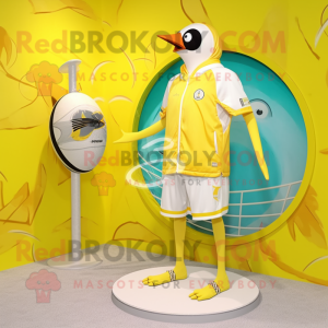 Lemon Yellow Gull mascot costume character dressed with a Board Shorts and Rings