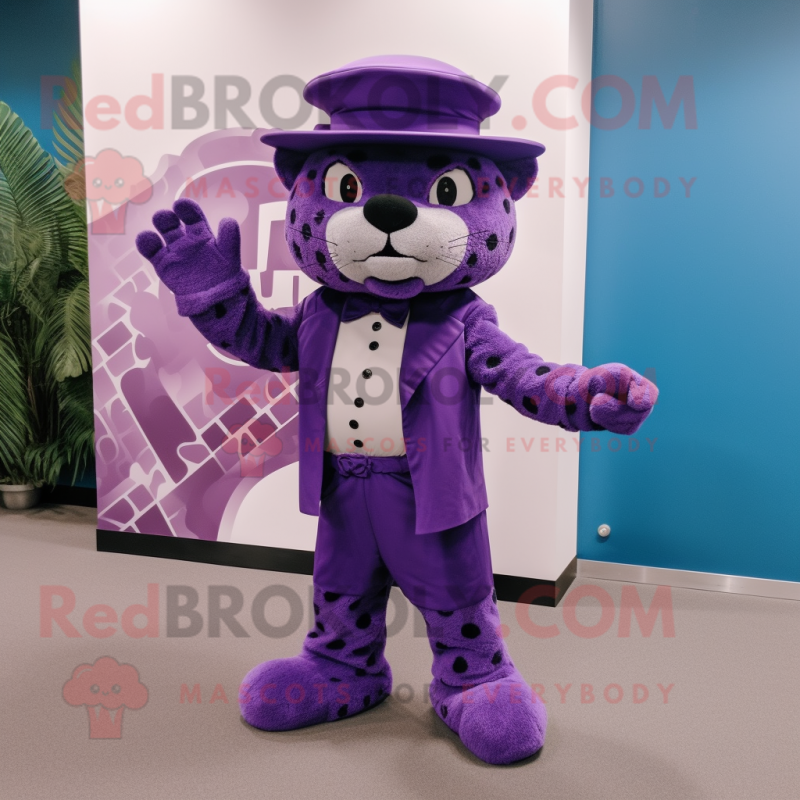 Purple Jaguar mascot costume character dressed with a Culottes and Hat pins