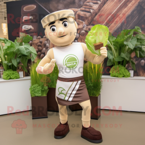 Brown Caesar Salad mascot costume character dressed with a Yoga Pants and Pocket squares