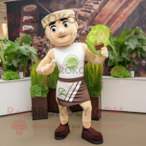 Brown Caesar Salad mascot costume character dressed with a Yoga Pants and Pocket squares