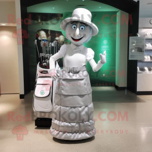 Silver Golf Bag mascot costume character dressed with a A-Line Skirt and Hat pins