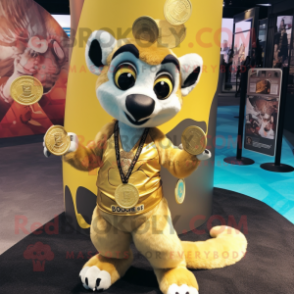 Gold Lemur mascot costume character dressed with a V-Neck Tee and Coin purses