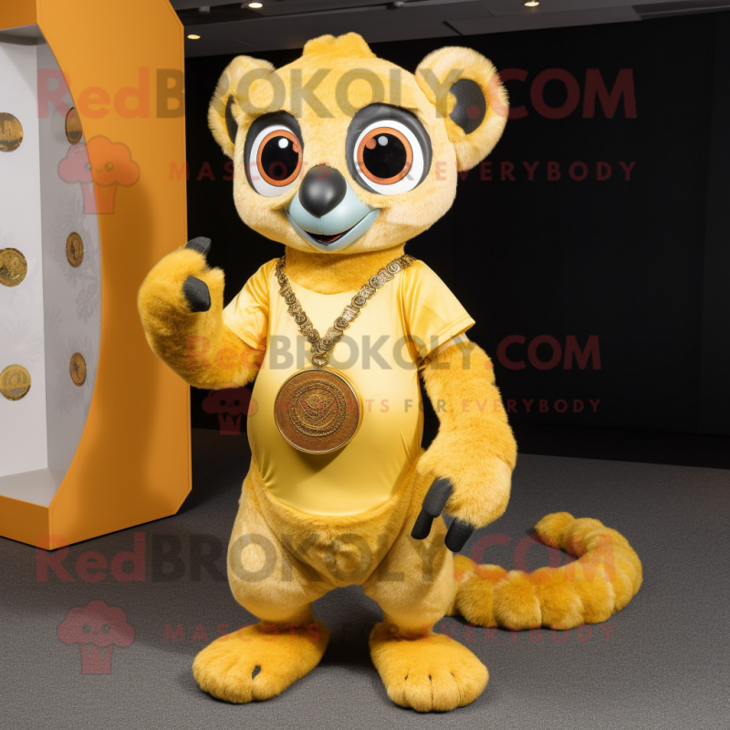Gold Lemur mascot costume character dressed with a V-Neck Tee and Coin purses