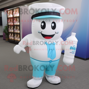 Cyan Bottle Of Milk mascot costume character dressed with a Cargo Pants and Hat pins