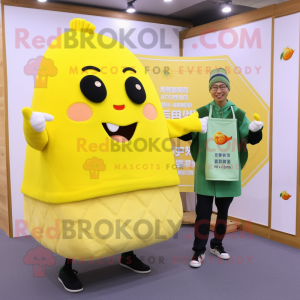 Lemon Yellow Fried Rice mascot costume character dressed with a Sweater and Wallets