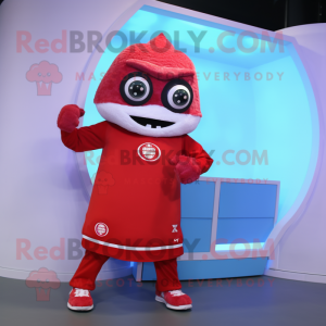 Red Ice mascot costume character dressed with a Henley Tee and Rings