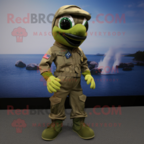 Olive Marine Recon mascot costume character dressed with a Capri Pants and Shoe laces