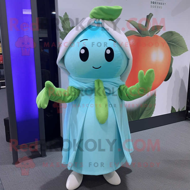 Cyan Radish mascot costume character dressed with a Wrap Dress and Gloves