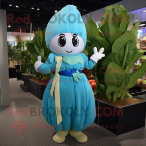 Cyan Radish mascot costume character dressed with a Wrap Dress and Gloves