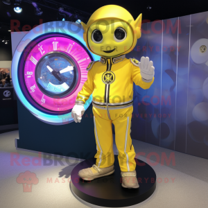 Lemon Yellow Gyro mascot costume character dressed with a Moto Jacket and Bracelet watches